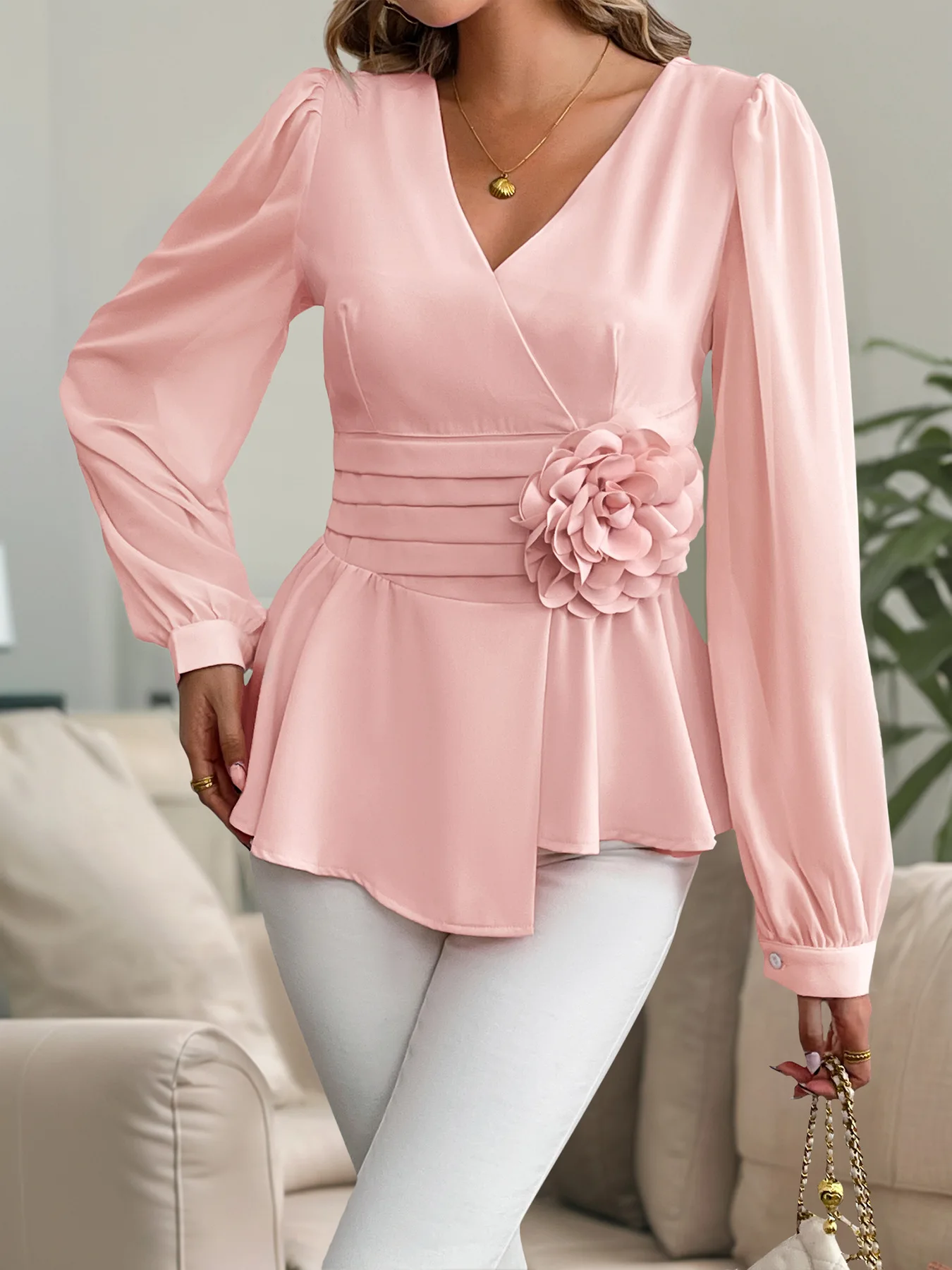 2025 High-End Elegant Work Clothing Waist V Neck Stereo Floral Shirt Top for Women Pink Elegant Dinner Fashion Outfit