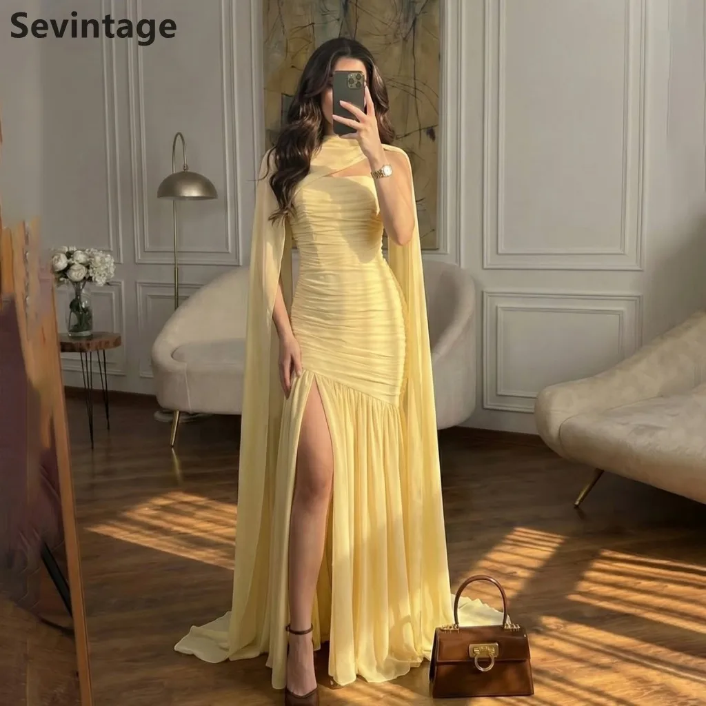 

Sevintage 2025 Yellow Mermaid Slit Chiffon Maxi Evening Dress With Cape Saudi Arabic Prom Dress Dubai Party Gown Customized