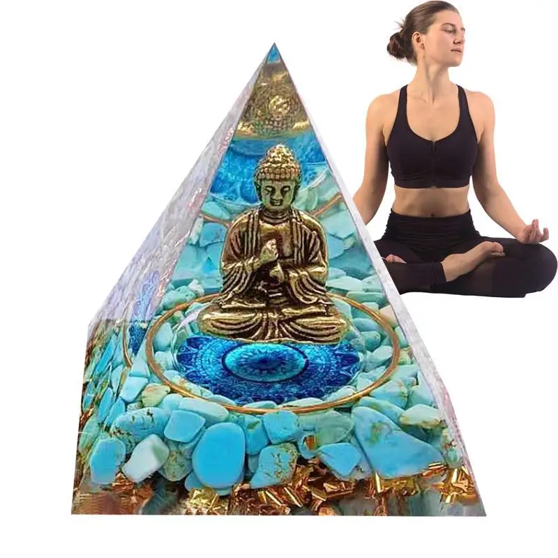 Buddha Figurine Orgonite Pyramid Energy Generator Reiki Chakras Multiplier EMF Protec Meditation Healing Crystal Orgone Pyramid