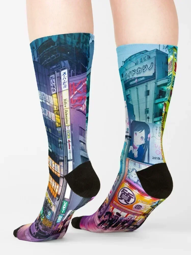 Anime Akihabara Neon Dream many colourful reflection on the wet streets Socks funny sock Stockings compression Man Socks Women's