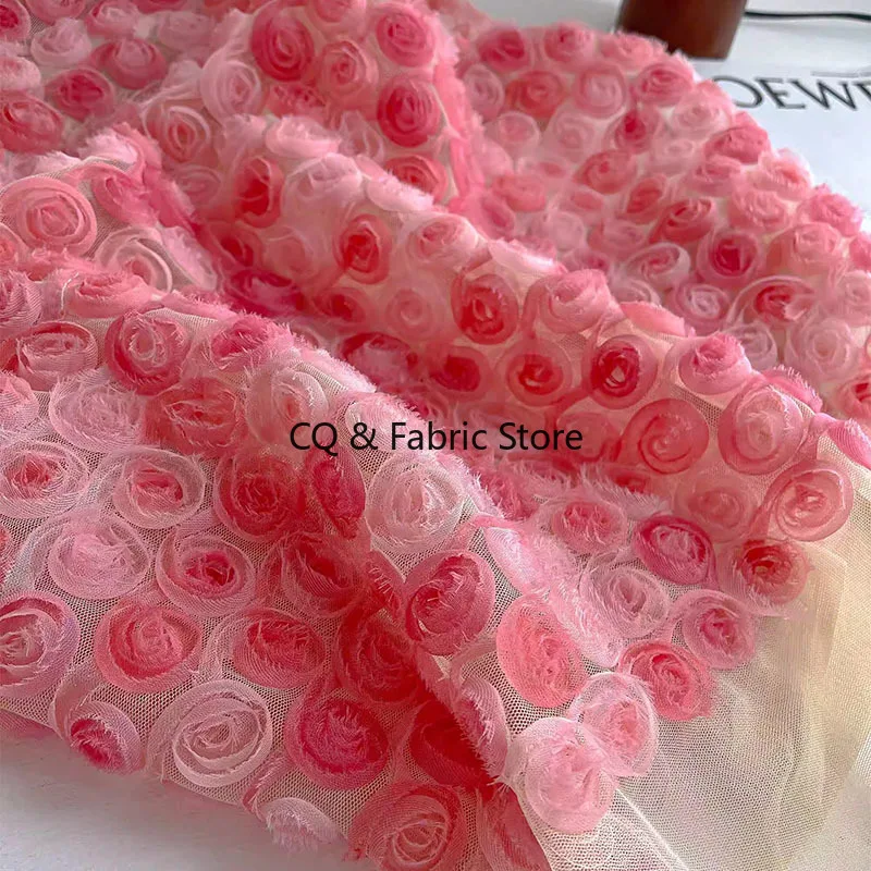 3D Gradient Rose Plate Embroidery Lace Fabric For Dress Fashion Women's Clothing Fabric