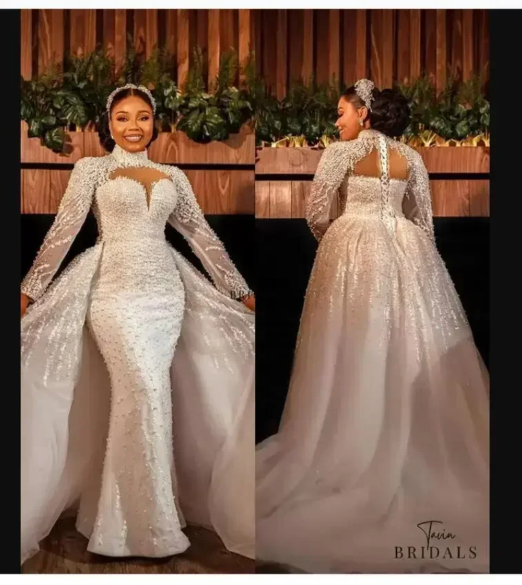 Maßgeschneiderte High Neck Heavy Pearls Mermaid Brautkleider mit abnehmbarer Schleppe Langarm Applikation Brautkleid Vestido