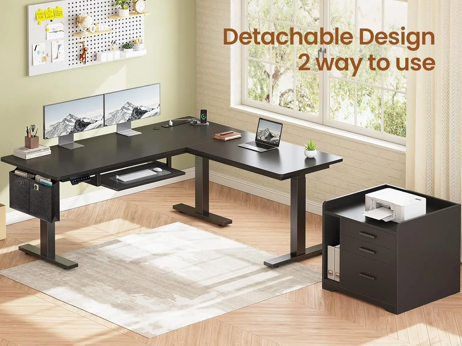 L Shaped Electric Standing Desk with File Cabinet, 63 x 53'' Height Adjustable Home Office Computer Desk with Drawers, Po