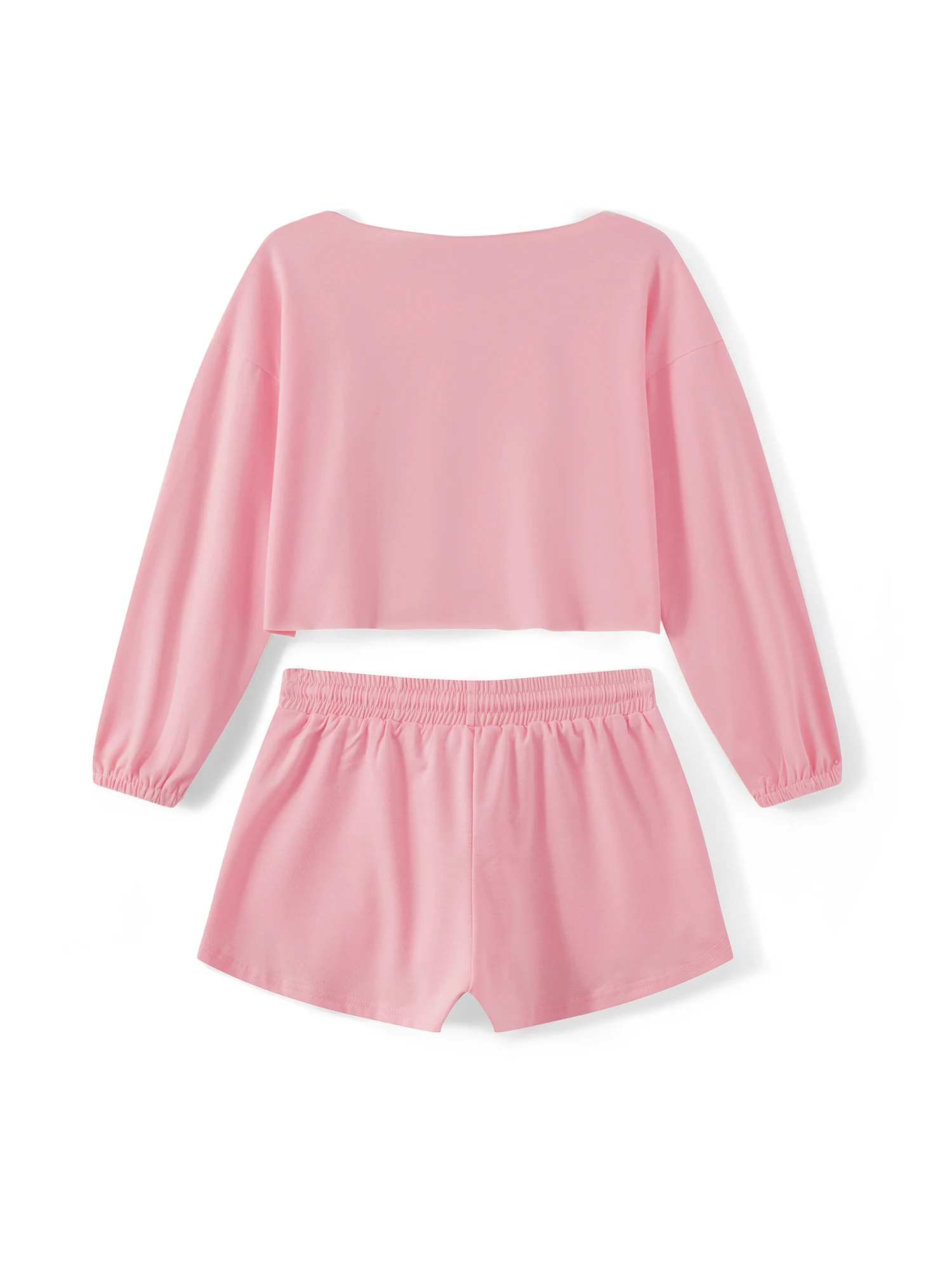Conjunto de 2 piezas para mujer con hombros descubiertos, manga larga, color sólido, tops y pantalones cortos