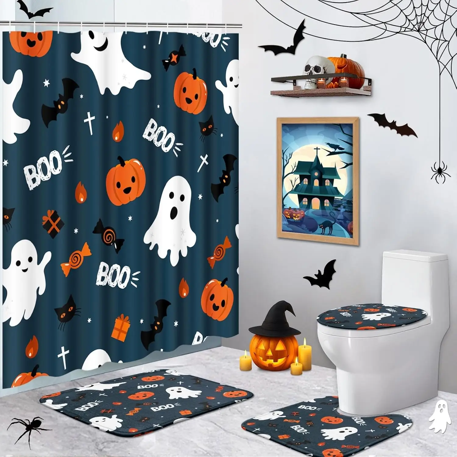 Fun Halloween Cute Ghosts Bathroom Set with Shower Curtain and Rugs Accessories, Spooky Shower Curtain for Bathroom Decor 4 Pcs
