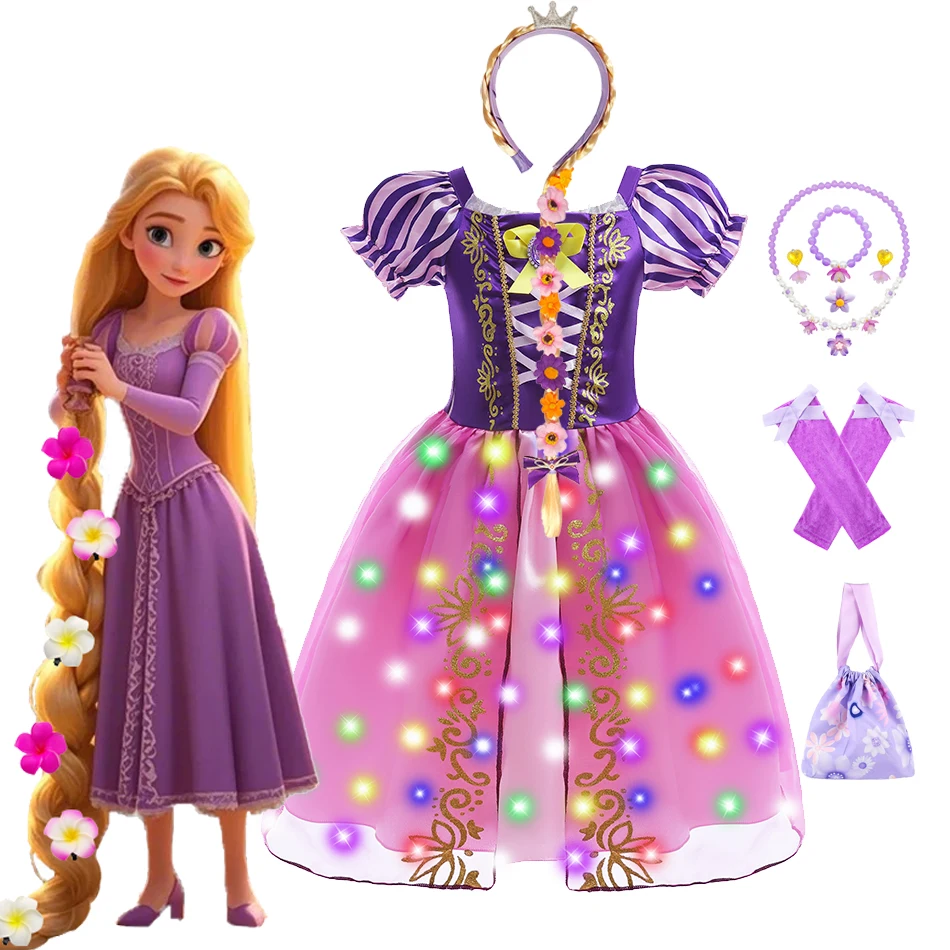 

Disney Tangled Rapunzel Dress for Girls Authentic Princess Costume with Long Blonde Hair Flower Crown Halloween Cosplay Outfit