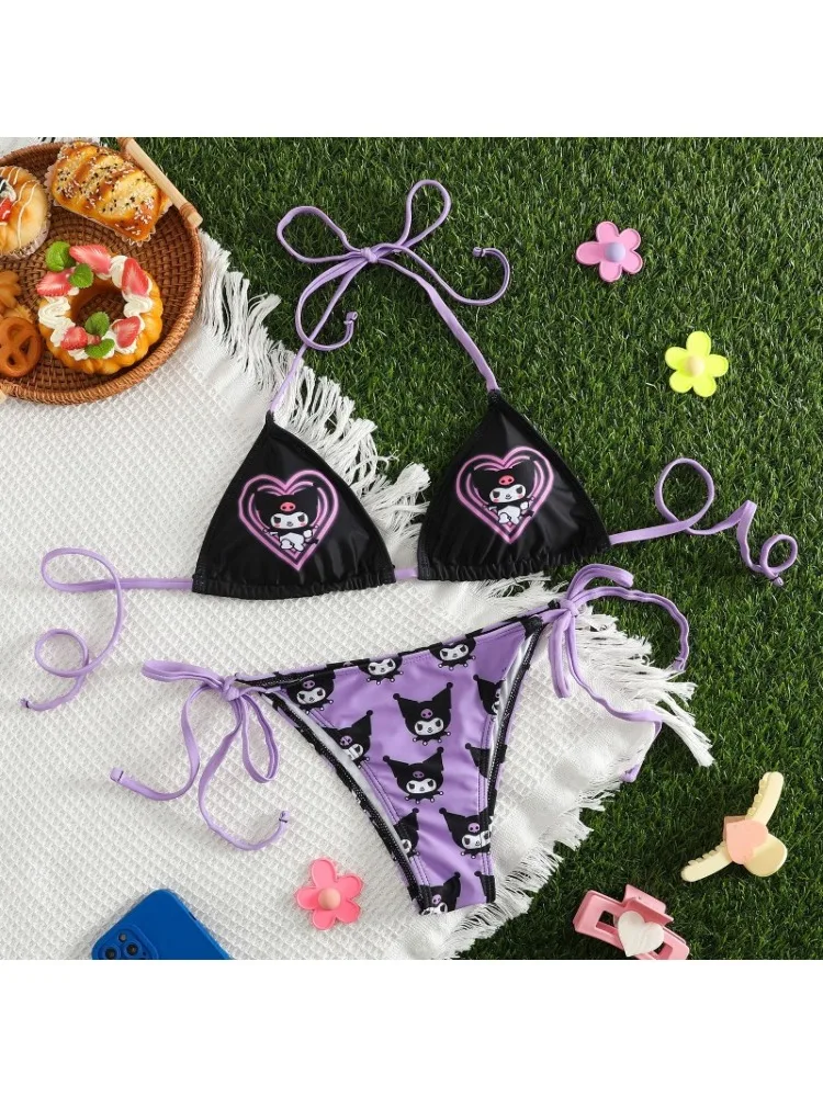 Sanrio Original Summer New Cute Kuromi Lingerie Girl Purple Bikini Gathering Bra and Panty Set  Beach Vacation Split Underwear