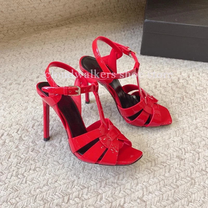 Fashion Cross Woven Strap Design Peep Toe Sandals Sexy Side Hollow Ankle Strap Buckle Stiletto Sandals Glitter Party Dress Shoes