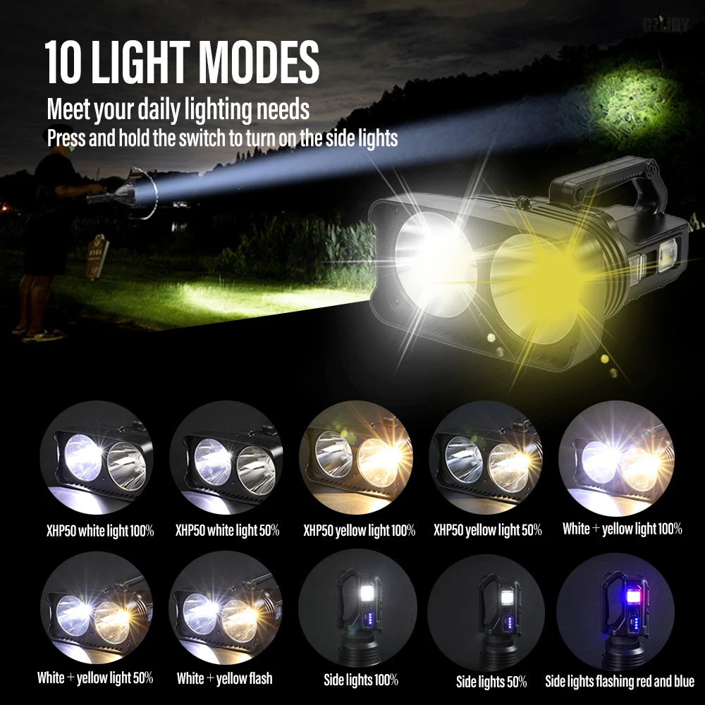 High Power Flashlight 2*XHP50 LED Torch Waterproof Spotlight Searchlight USB Rechargeable Fishing Lantern with Side Light Base