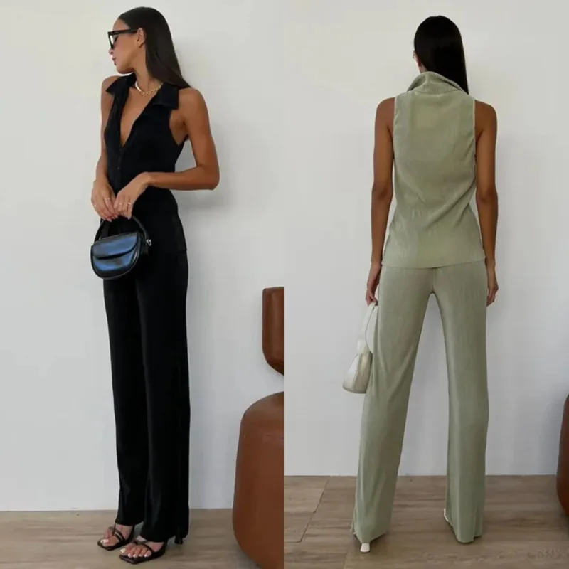 

High Street однобортный топ без рукавов с лацканами, элегантный однотонный прямой топ с высокой талией, модный женский плиссированный комплект