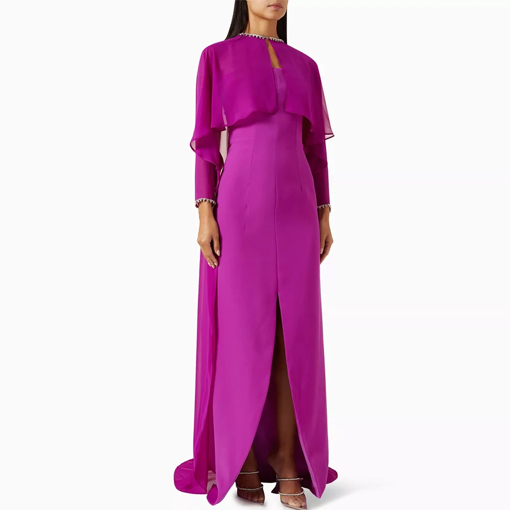 

Classy Special Occasion Dresses Crepe Fabric Sheath/Column Prom Dress Fuchsia Strapless Crystals Cape Split Chiffon Party Dress
