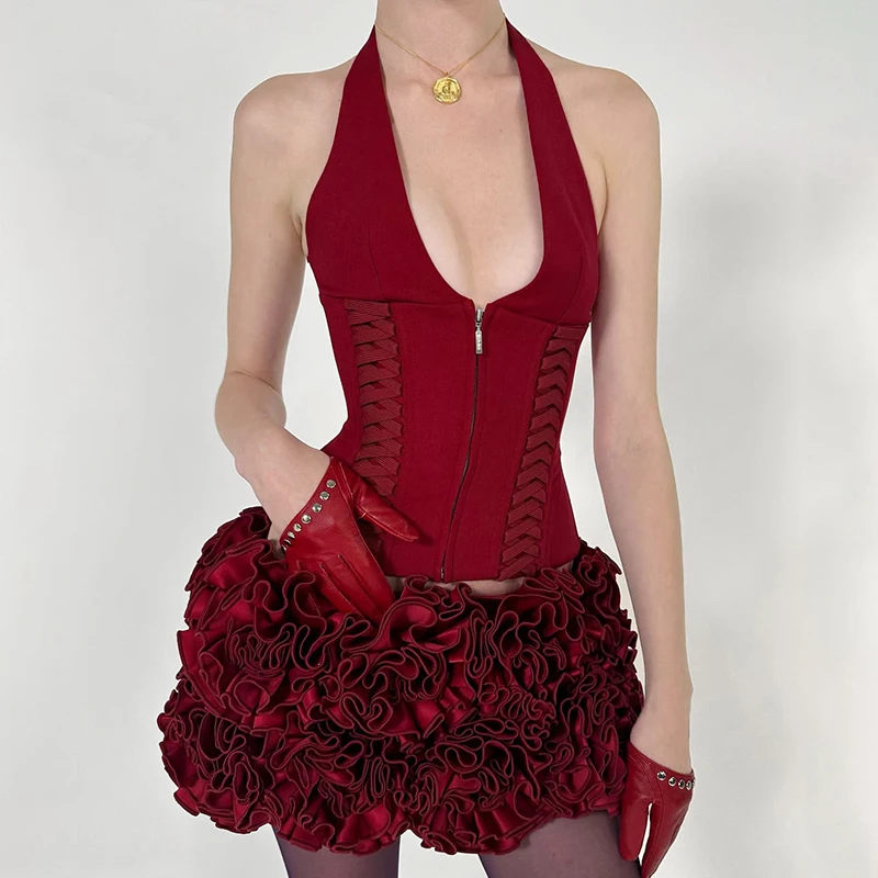 

SUCHCUTE Sexy Halter V Neck Tops Y2K Zipper Backless Hot Girl Slim Corset Tops Party Clubwear Clothes Rave Festival K-pop Vest