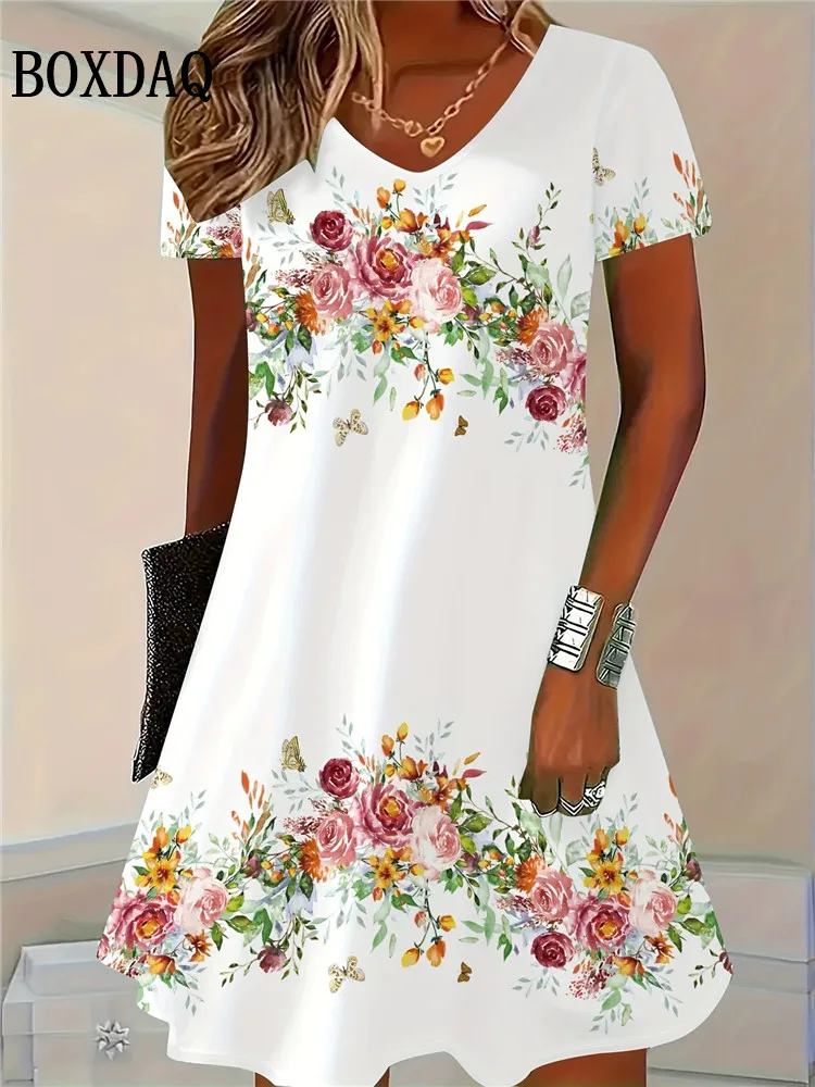 

Летние платья с 3D принтом, женский модный пуловер, платье с коротким рукавом и v-образным вырезом, повседневное платье в стиле ретро с цветами, свободная женская одежда больших размеров