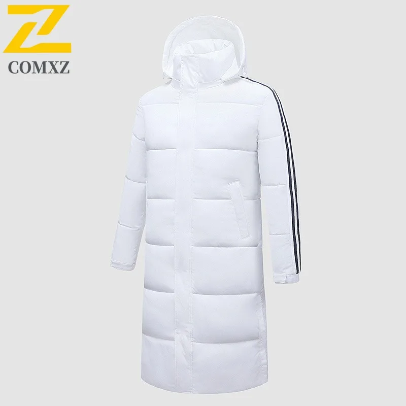 

COMXZ 2025 Winter Three Stripe Long Coat Unisex Knee Length Thick Warm Thermal Puffer Jacket Fashion outdoor sports windbreaker