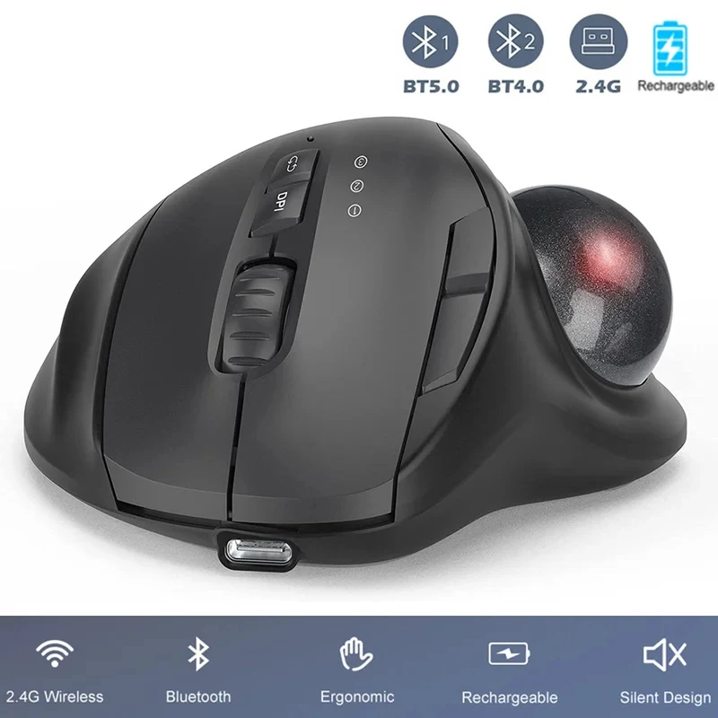 Jomaa Black 2.4G + Bluetooth Wireless Trackball Mouse Rechargeable Rollerball Mice Ergonomic Mice Thumb Control Mouse Gaming
