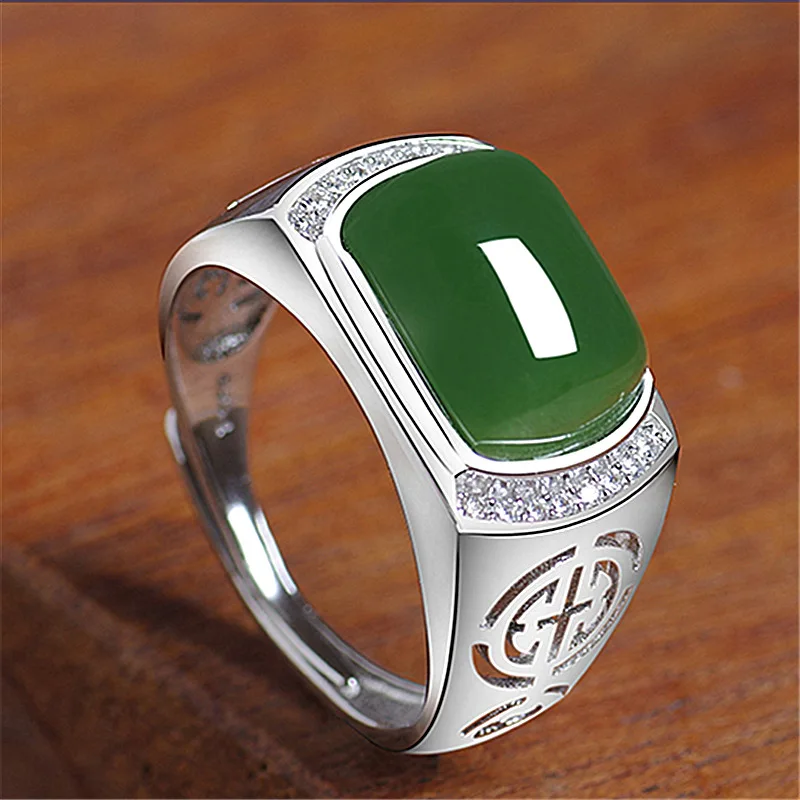 Grüne natürliche Jade Blumen ringe echter Schmuck Luxus Mode accessoires Designer geschnitzten Edelstein Silber verstellbaren Ring