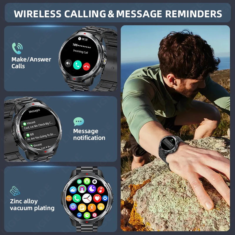 LIGE 1100 mAh Militär Outdoor Sport Smart Uhr Männer 1,7 "Große Batterie Kompass Uhr 3ATM Wasserdichte Bluetooth Anruf smartwatch