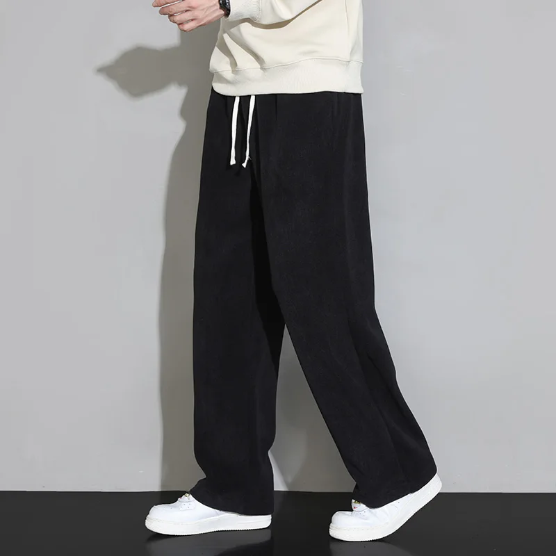 Men's Autumn Winter Drawstring Solid Elastic High Waisted Casual Straight Leg Wide Leg Mop Pants Fashion Casual Long Pants