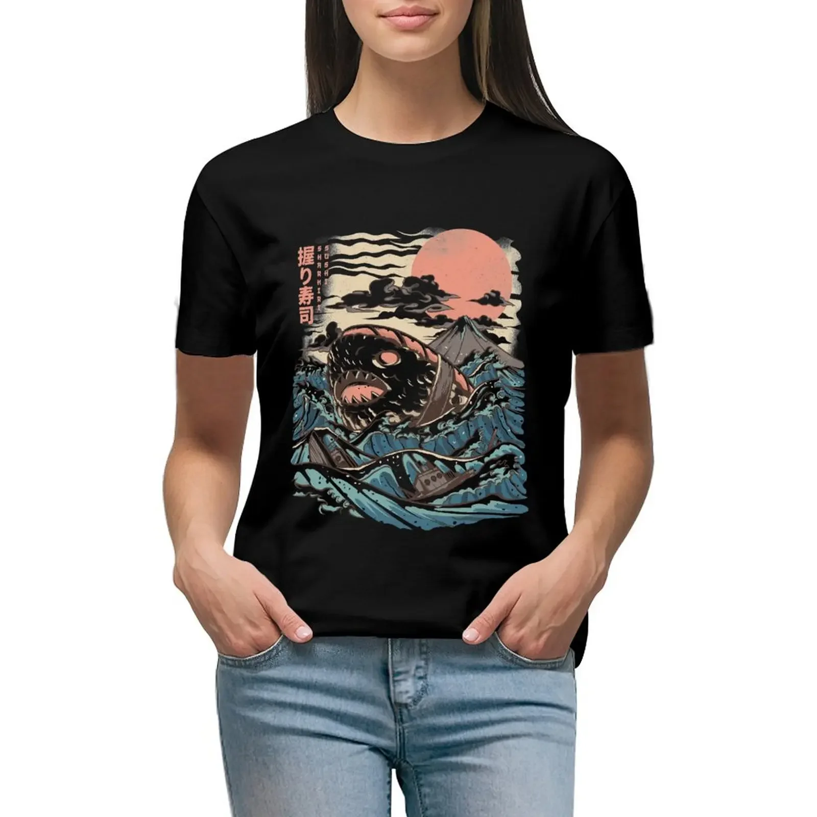 Sharkiri Sushi T-Shirt vintage clothes oversized aesthetic clothes anime rock and roll t shirts for Women