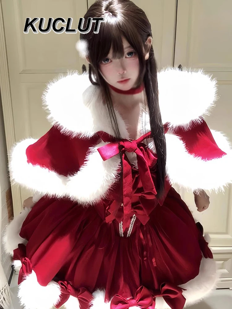 Robe bonito doce menina atmosfera cosplay roupas capa casaco inchado vestido de princesa ano novo roupa vermelha para mulher outono inverno