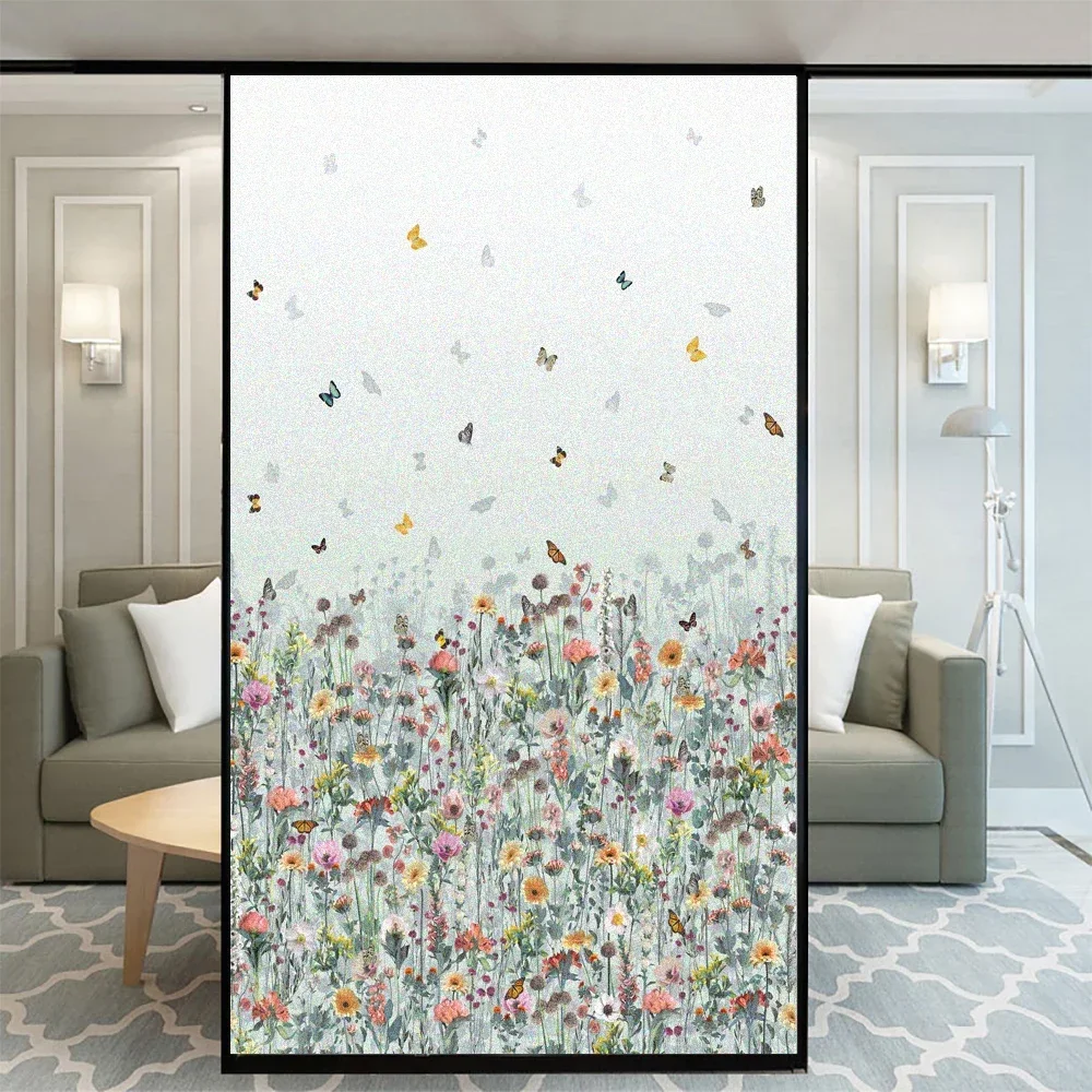 Window Privacy Film  Butterfly Flower  Decorative Glass Covering Static Cling Tint Frosted Window Stickers for Home