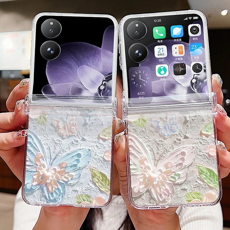 Oil Painting Butterfly Pattern Transparent Phone Case For Xiaomi Mix Flip 2 Shockproof Folding Hard PC Cover For Mi Mix Flip 5G