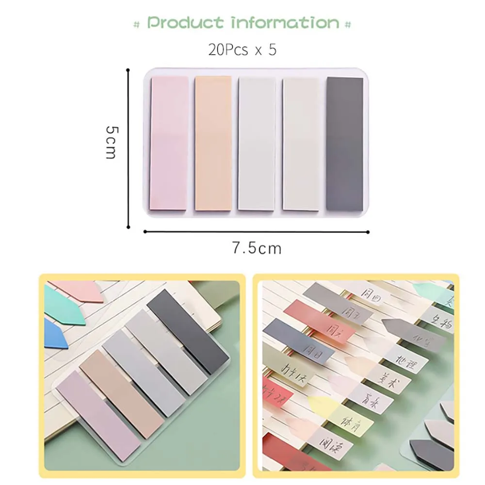 100Sheet/lot Morandi Memo Pad Index Tabs PET Arrow Flags Sticky Note for Page Marker Planner Stickers Office School Stationery