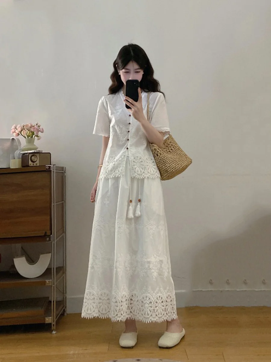 

Large Size Women's Summer Fashion Set White Lace Hollow out Hook Design Long Dress Two Piece Suit Casual Commute Style