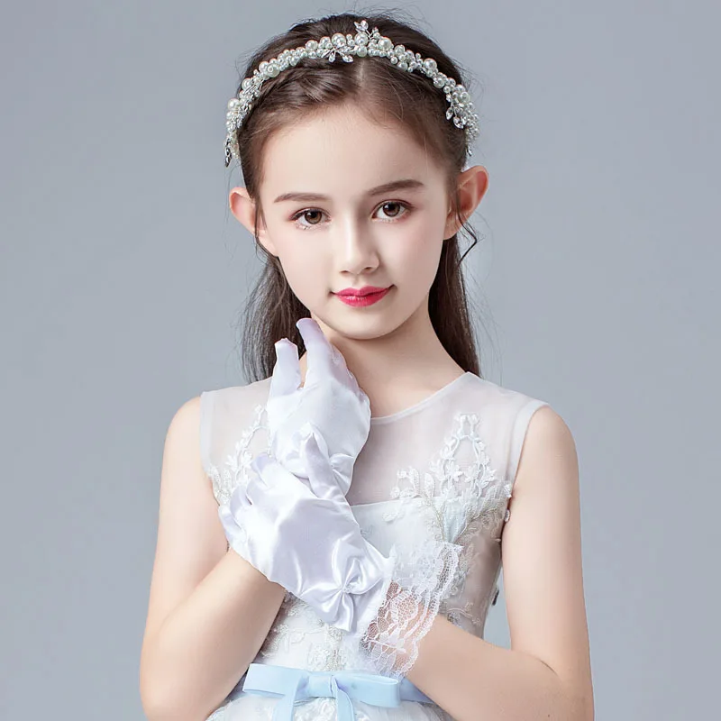 Gloves Girls Lace Bow Satin Stretchy Child Flower Girl Dress Performance Dance Etiquette Soft Lightweight Elegant Comfy Party