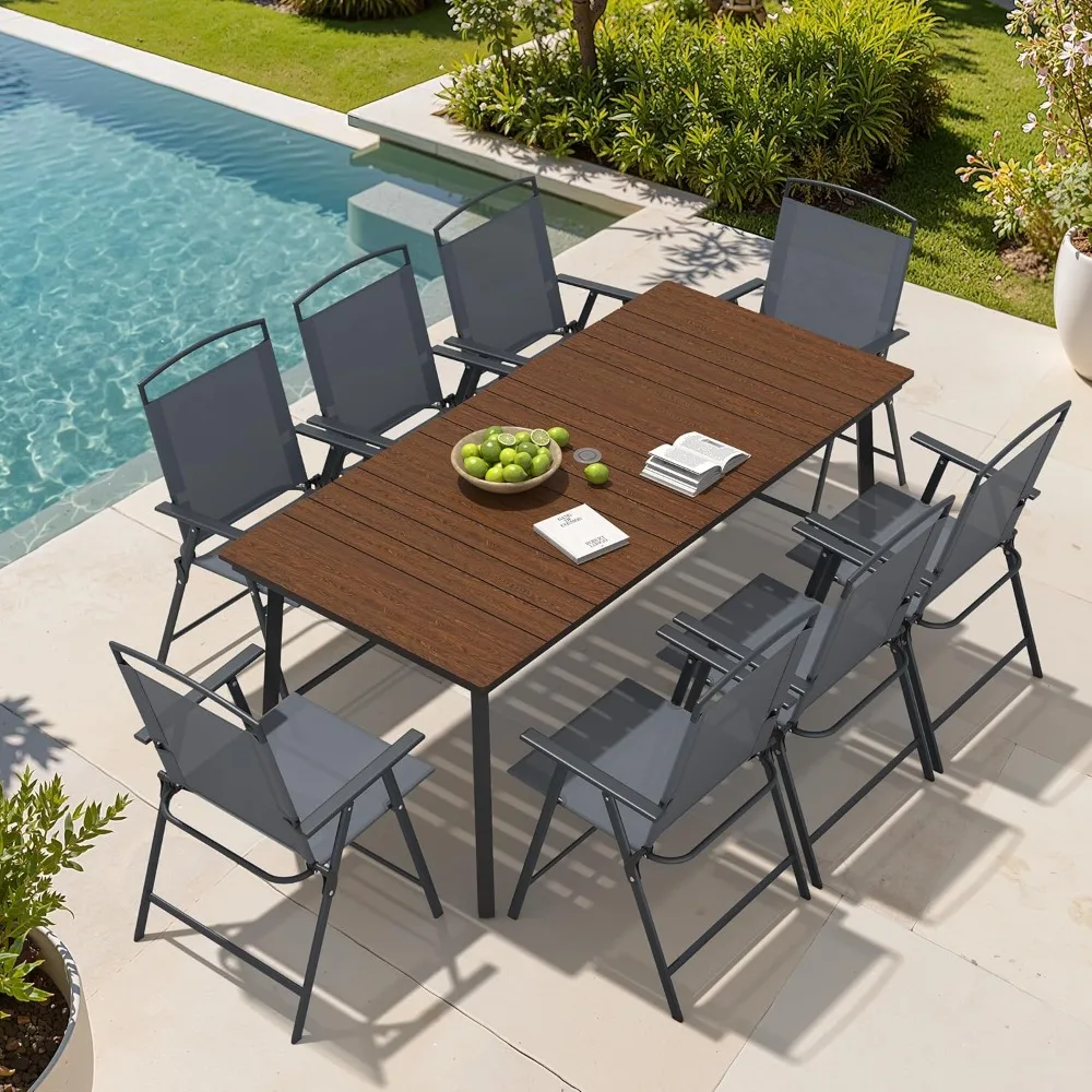 

9 Piece Patio Dining Set, 70" Walnut Metal Outdoor Table and 8 Folding Chairs, with Umbrella Hole for Porch, Customized