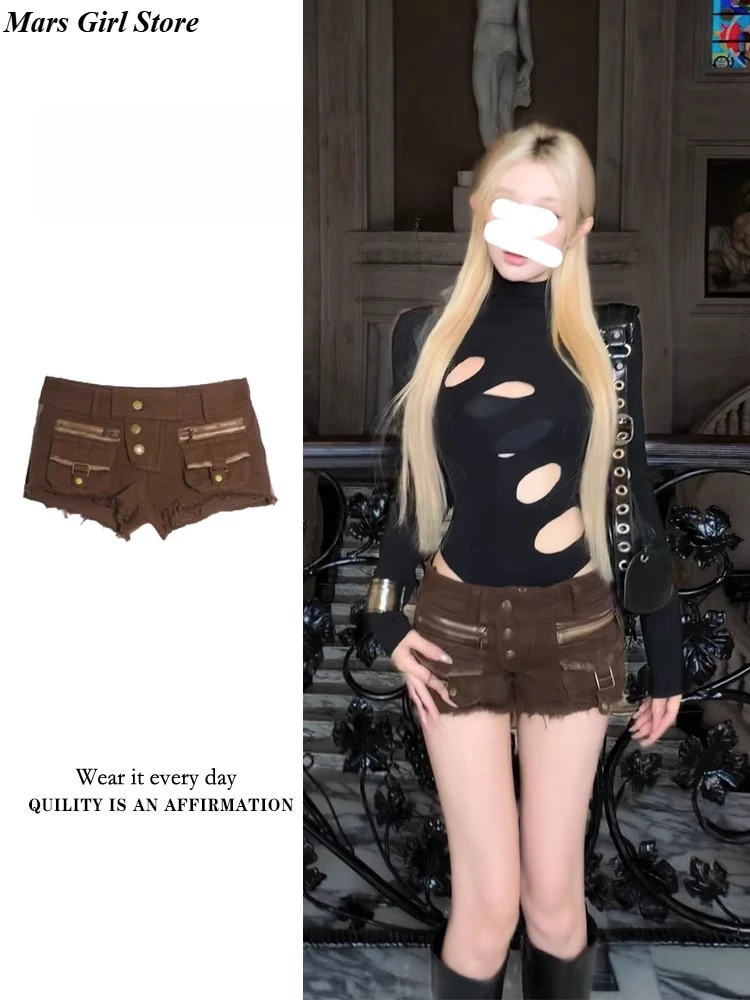 Y2K Punk Subculture Denim Shorts Women Summer Gothic Sexy Streetwear Straight Cut Cargo Hot Pants Washed Slim Buttock Hugging