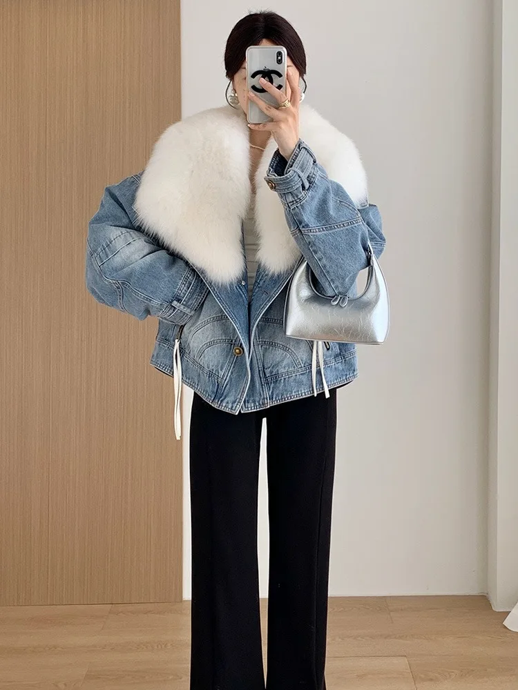 2024 Winter Women\'s Denim White Duck Down Coats With Natural Real Fox Fur Collar Outwear Luxury Female Jacket