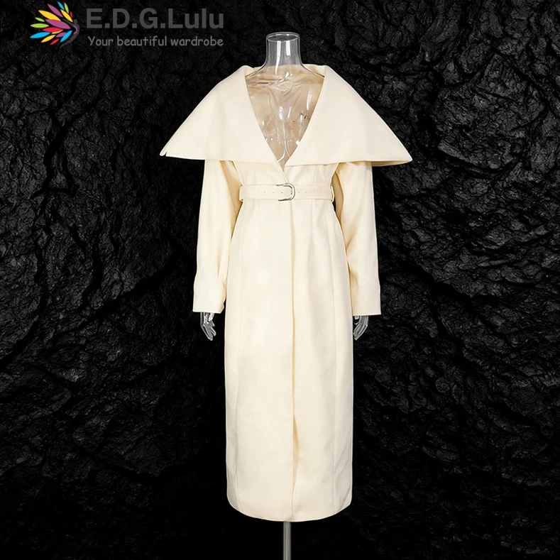 EDGLuLu Autumn Winter Loose Woolen Coat 2025 New Big Turn-Down Collar Long Sleeves Whit Long Windbreaker Jacket 1206