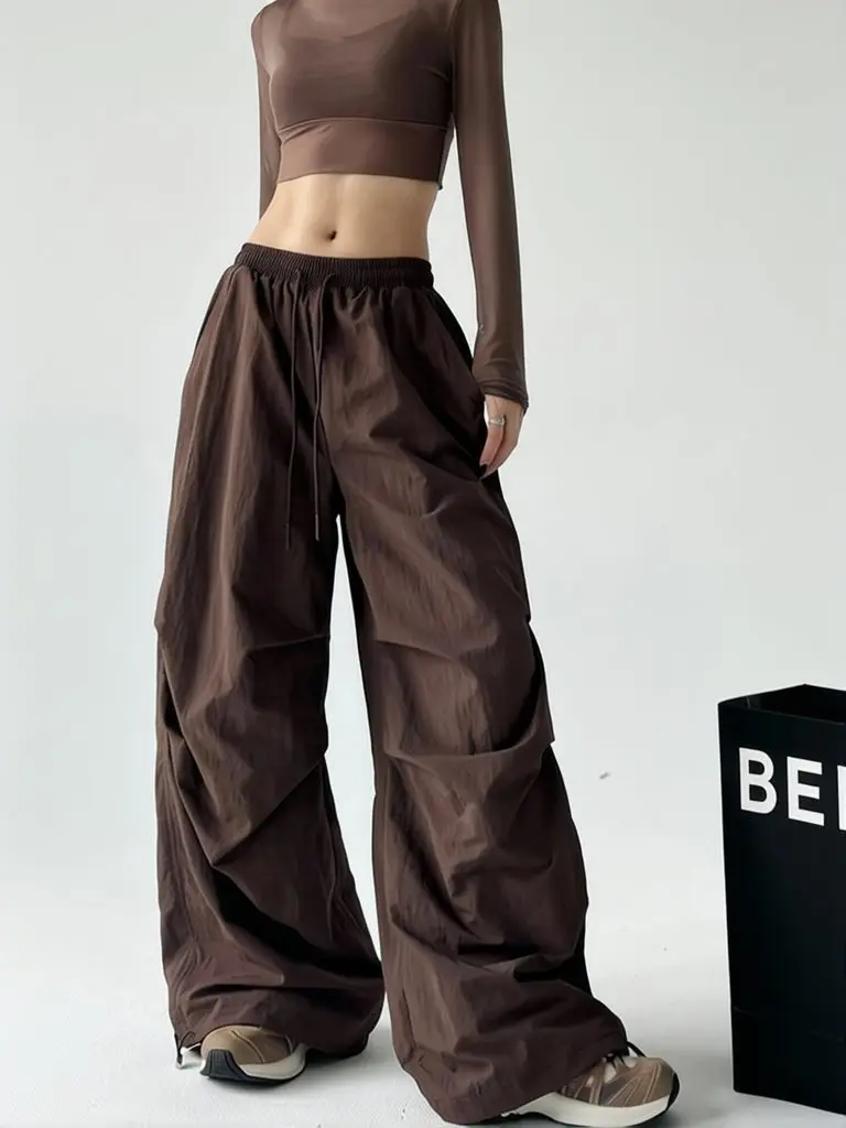 Y2k Hiking Straight Wide Pants Men Streetwear Cargo Paratrooper Pants Casual Brown Quick Dry Pocket Summer Travel Sport Trousers