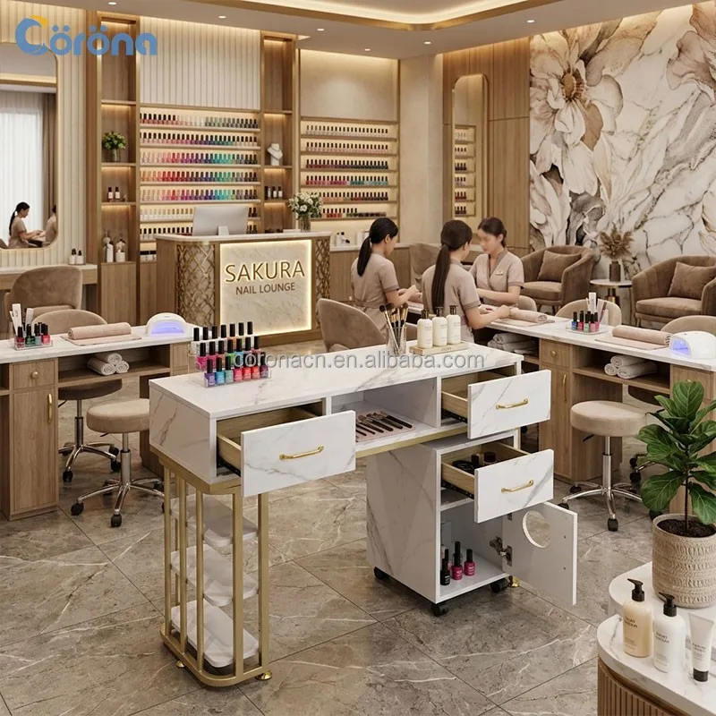 Customized Nail Salon Furniture Professional Wooden Nail Tech Table With Dust Collector