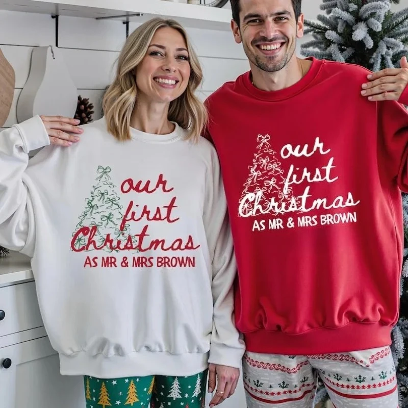 Mr and Mrs Personalized Crewnecks Merry and Married Sweatshirt, Custom Couples Christmas Shirts Christmas Couple Hoodie Tops