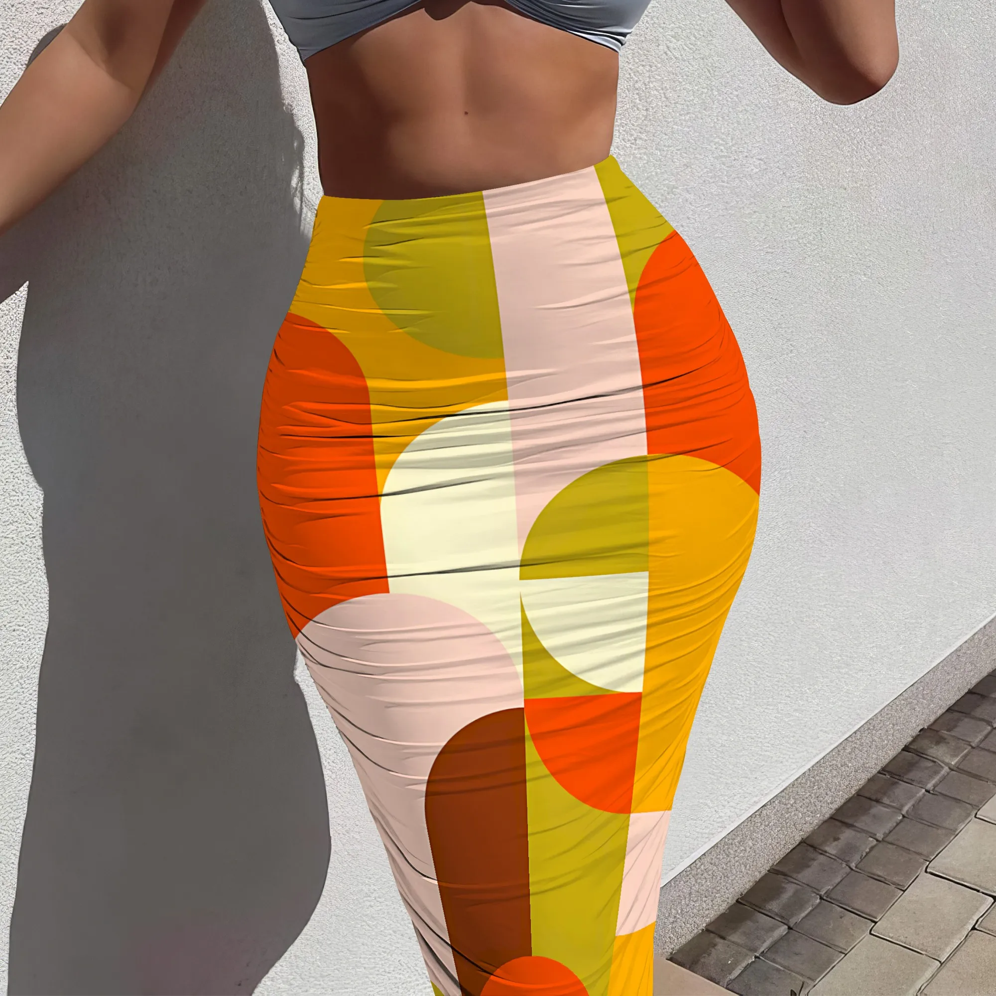 Nupusa Jupe imprimée cercle coloré pour femme Jupe longue moulante taille haute décontractée