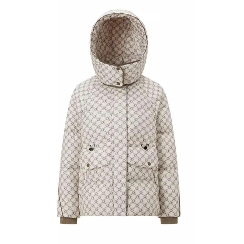 Chericom Women's Hooded Down Coat Stand Collar Print Design Dual Zipper Placket Ribbed Windproof Cuffs Slanted Pockets Y299155Y