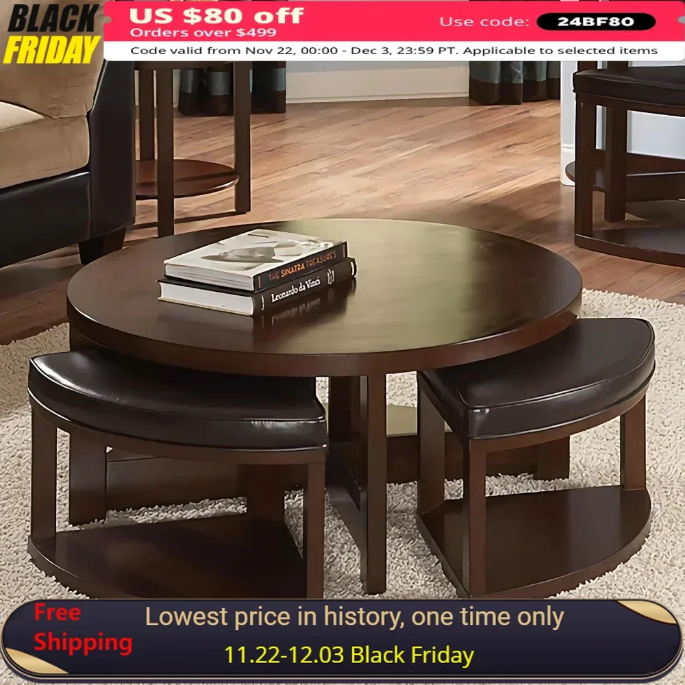 Coffee Table Set, Round Tables with 4 Upholstered Nesting Stools, Space-Saving Design, 5-Piece Coffee Table Set