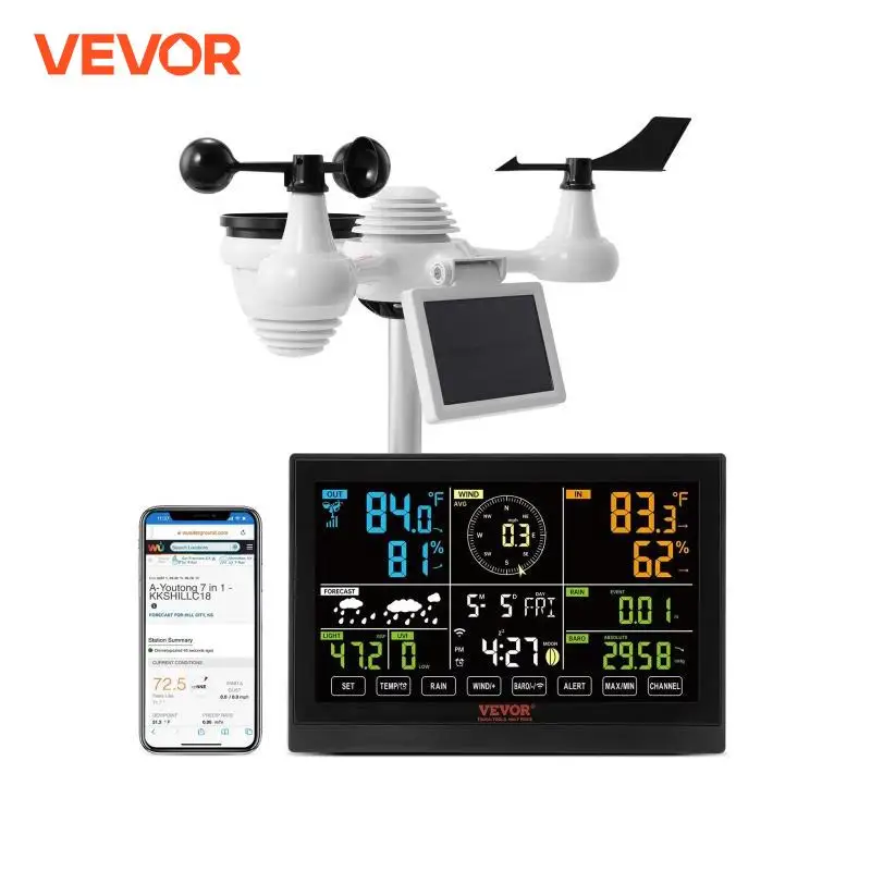 VEVOR 7-in-1 Wi-Fi-weerstation 7,5 inch kleurendisplay en draadloze zonne-buitensensor Alarmwaarschuwingen voor temperatuur-vochtigheid