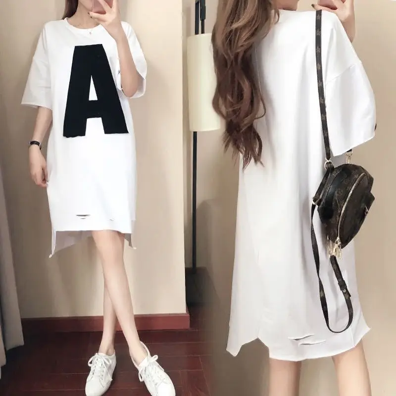 Fashion O-Neck Printed Letter Asymmetrical Hole Casual Dresses Female Clothing 2024 Summer New Loose Korean Irregular Mini Dress