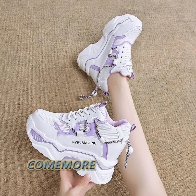 Paarse Wig Sneakers Voor Dames Tennismand Dames Dik Platform Wig Ademende Sportschoenen Herfst Verhoogde Schoenen Pu