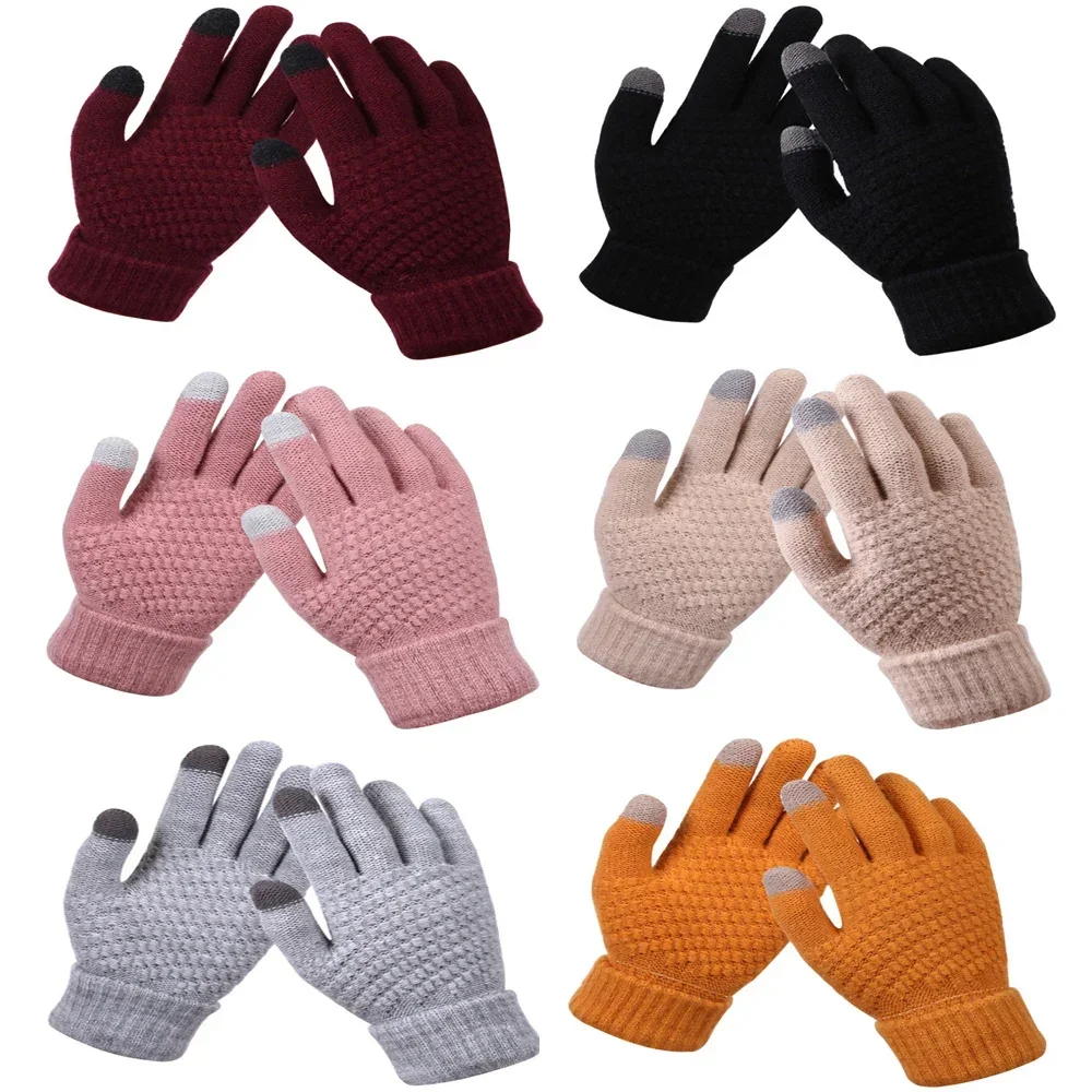 

Women Touch Screen Knitted Gloves Winter Warm Stretch Thick Female Outdoors Cycling Full Finger Full Finger Crochet Gloves