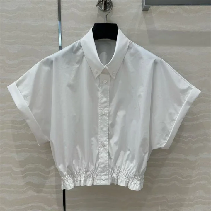 

Versatile college style lapel, dropped shoulder, rolled up sleeves, cinched waist, high waist, small short shirt top for women