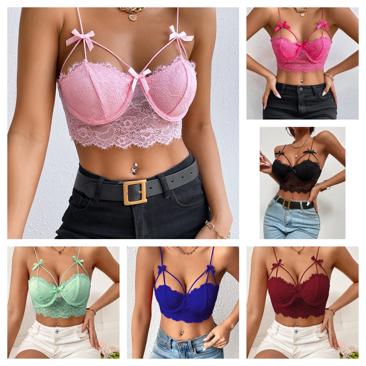 

EINY y2K Lace Camisole Top Women Strappy Bow Lingerie Backless Bralette Ladeis Sexy Crop Top Underwear Bra Top Sexy Push Up Cups