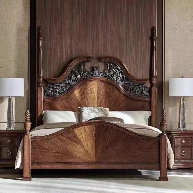 American solid wood bed, double bed, 1.8 meters pillar bed, western glory four-poster  master  villa furniture customiza