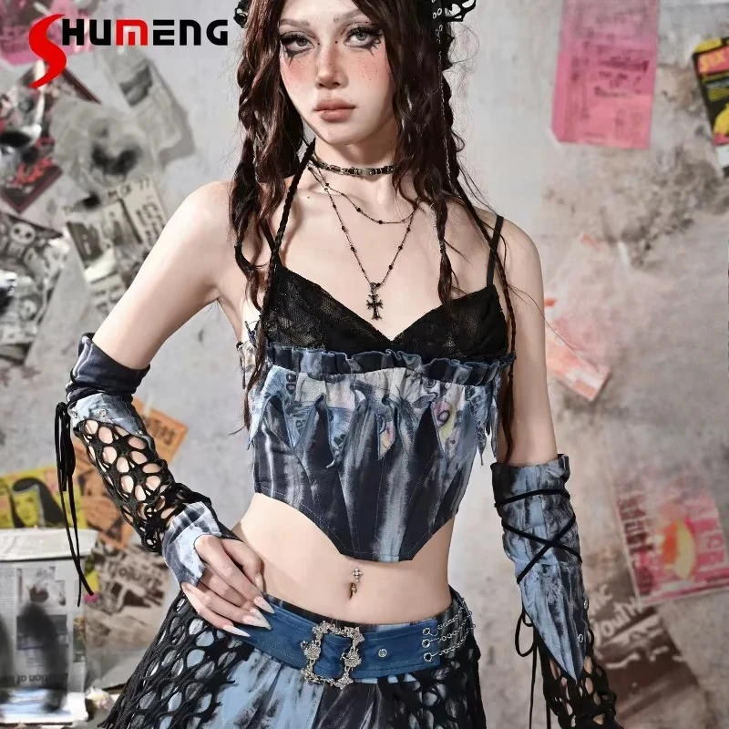 

Japanese Kawaii Sling Y2k Clothes Soft Girl Punk Lace Stitching Tie-dye Sexy Slingneck Fishbone Suspender Top Slimming Camisoles