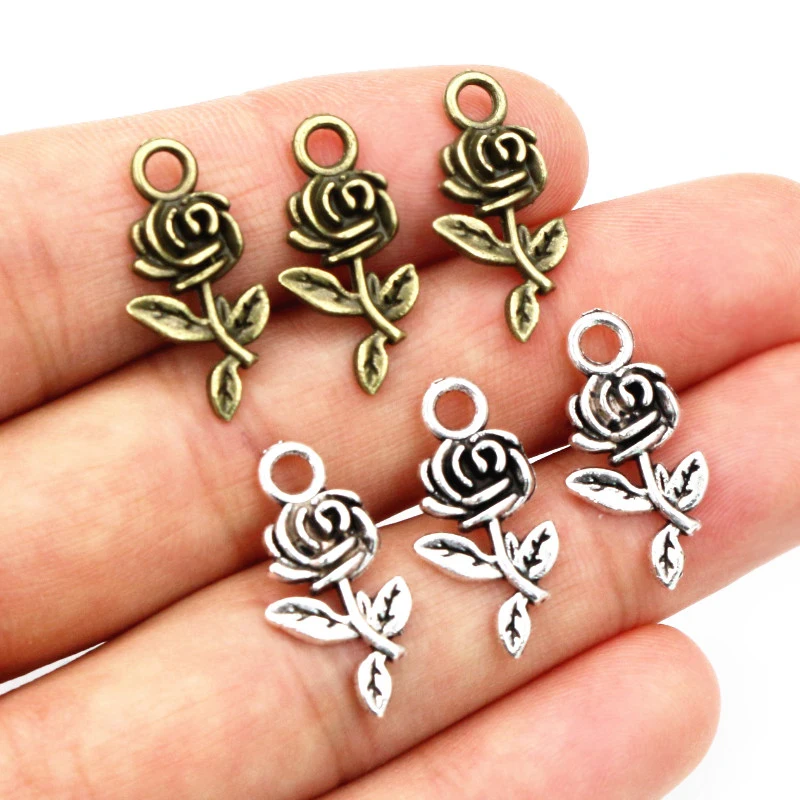 40pcs 21x10mm Antique Bronze Plated Flower Rose Handmade Charms Pendant:DIY for bracelet necklace