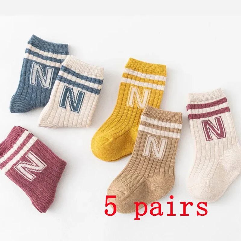 

5/6pairs Cotton Letter Infant Baby Boys Socks Contrast Striped Toddler Boys Mid Tube Socks Childrens Boys White Socks Kit