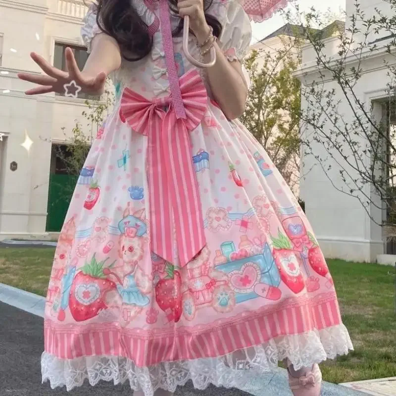 Japonês Harajuku Sonho JSK Lolita Vestido, Gato bonito Imprimir Bow Strap Dresses, Doce Princesa Mini Camisola, Kawaii